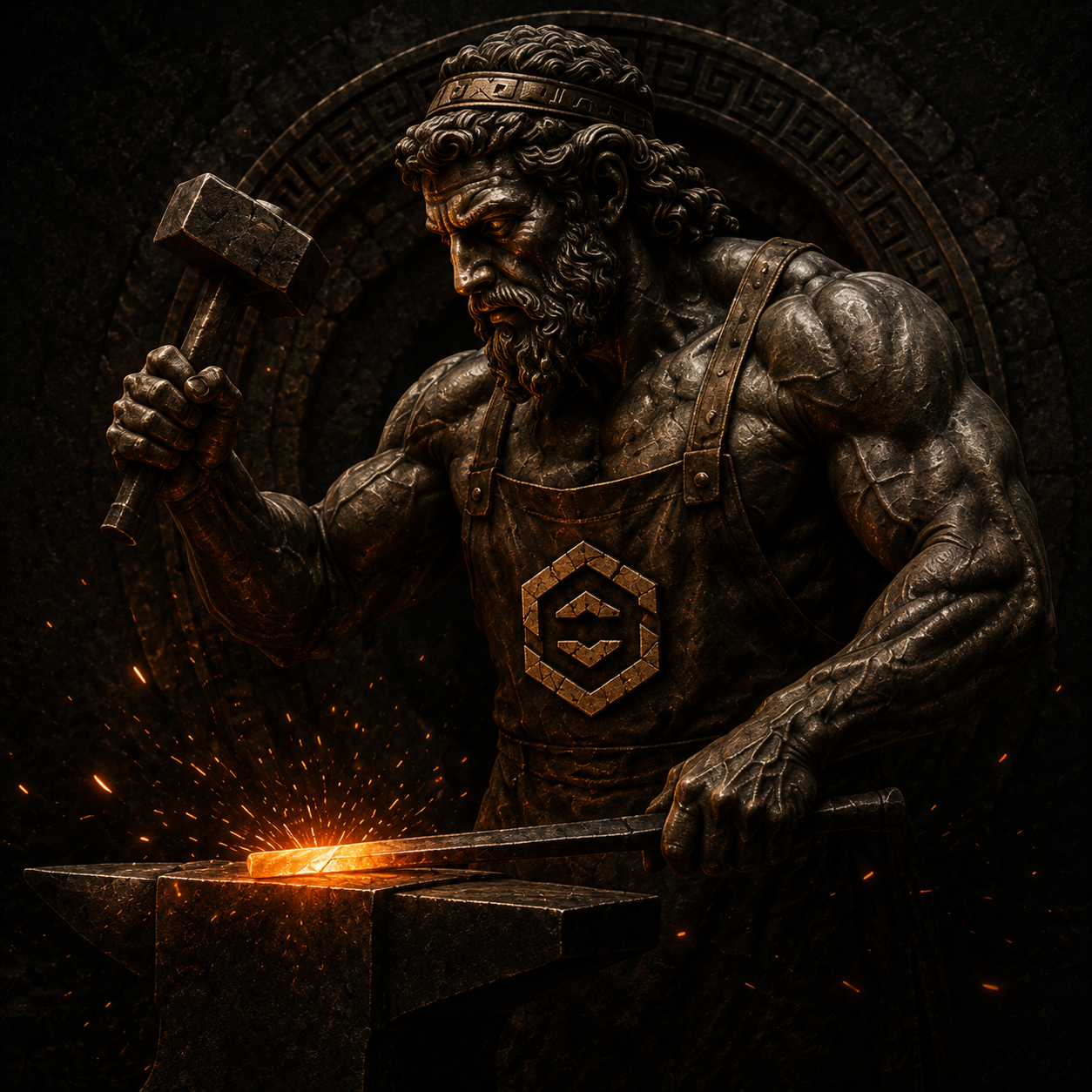 Hephaestus-inspired blacksmith forging iron, wearing the Sthenos emblem
